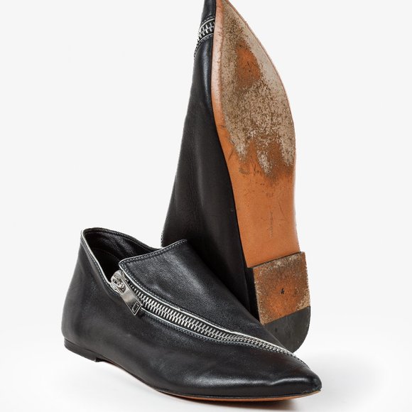 Celine Zipped Pointed Toe Black Leather Flats - Picture 1 of 10